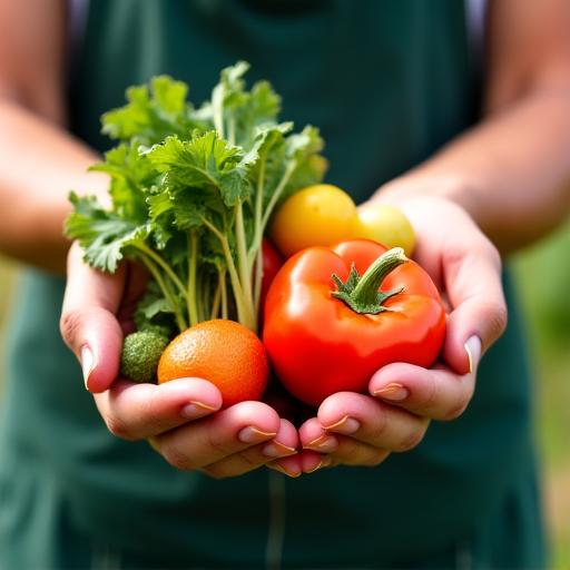 地元の農家が新鮮な野菜を差し出している
